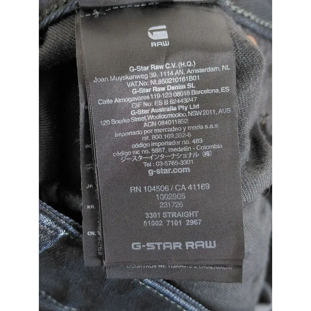 G-Star 3301 Straight Raw Coated Black Denim Jeans Men Size 36